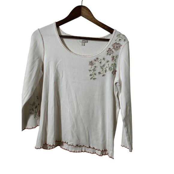 J. Jill Vintage White Fairy  Embroidered Cotton Long Sleeve Boho Tee-Shirt L - Picture 1 of 4